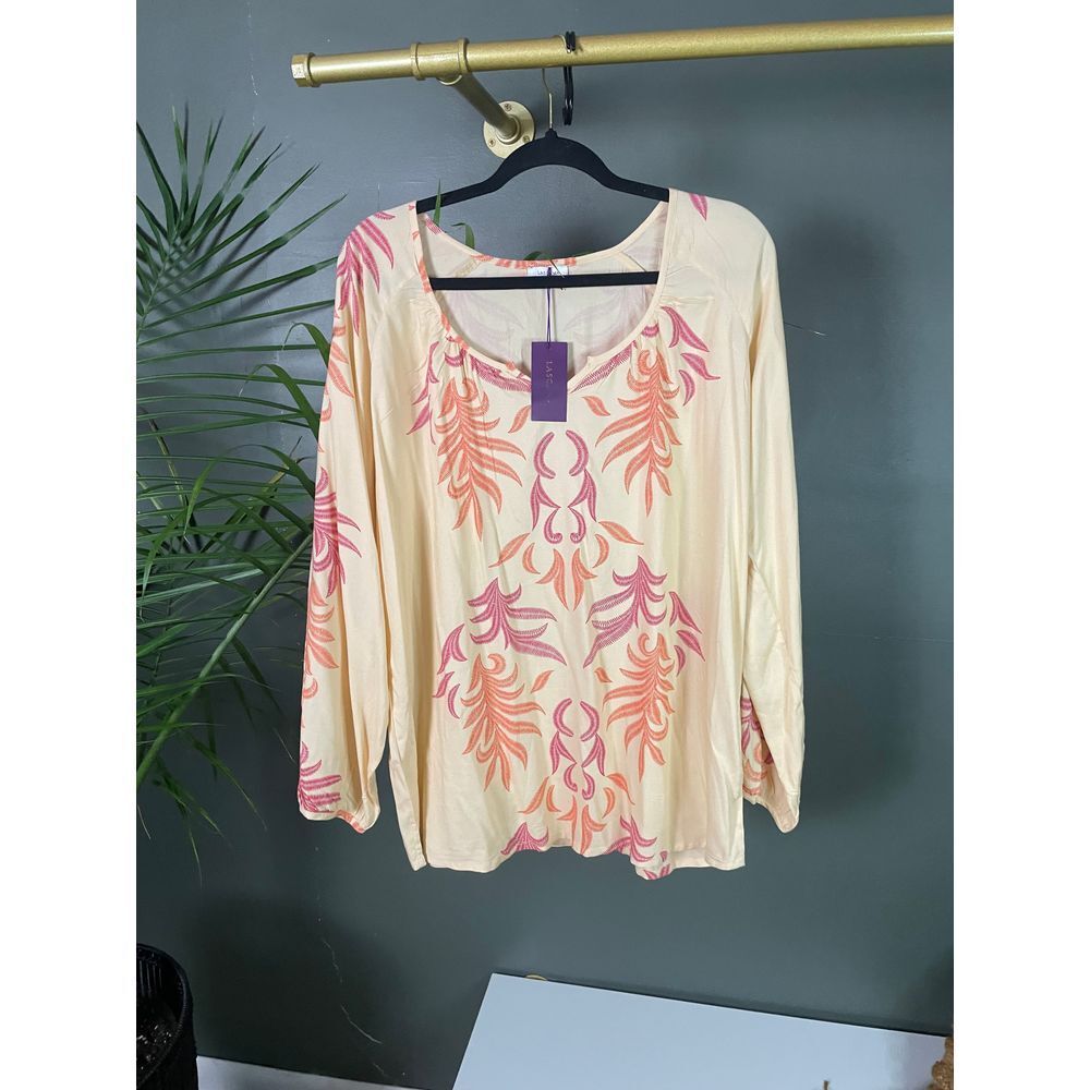 Lascana Cream Floral Long Sleeve Blouse Pink Coral Palm Summer Top Size | XL